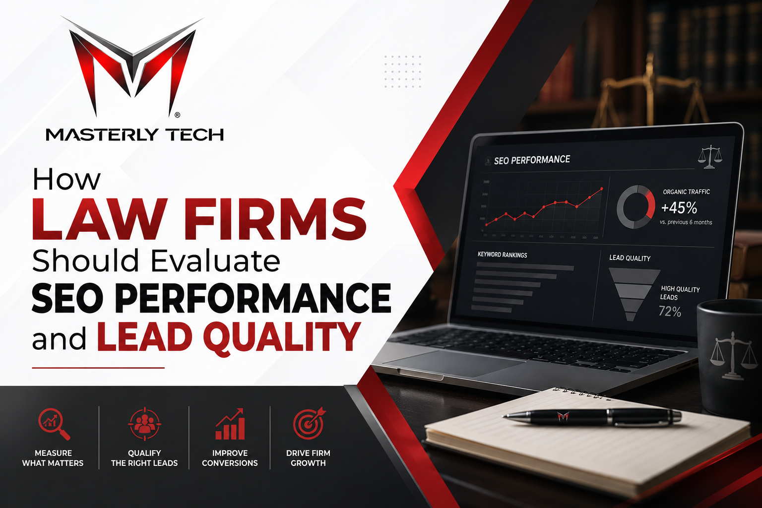 Promo graphic for Masterly Tech: “How Law Firms Should Evaluate SEO Performance and Lead Quality,” with laptop dashboard on black and red background