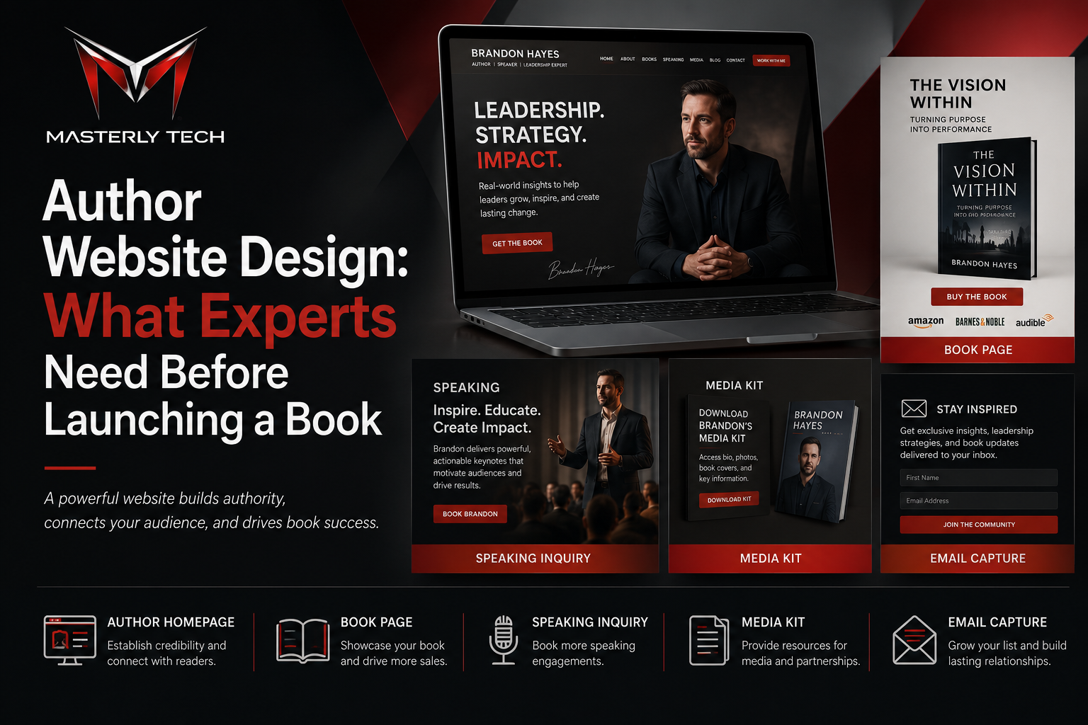 Dark red author website design mockup with laptop, phone, and book promo layouts.