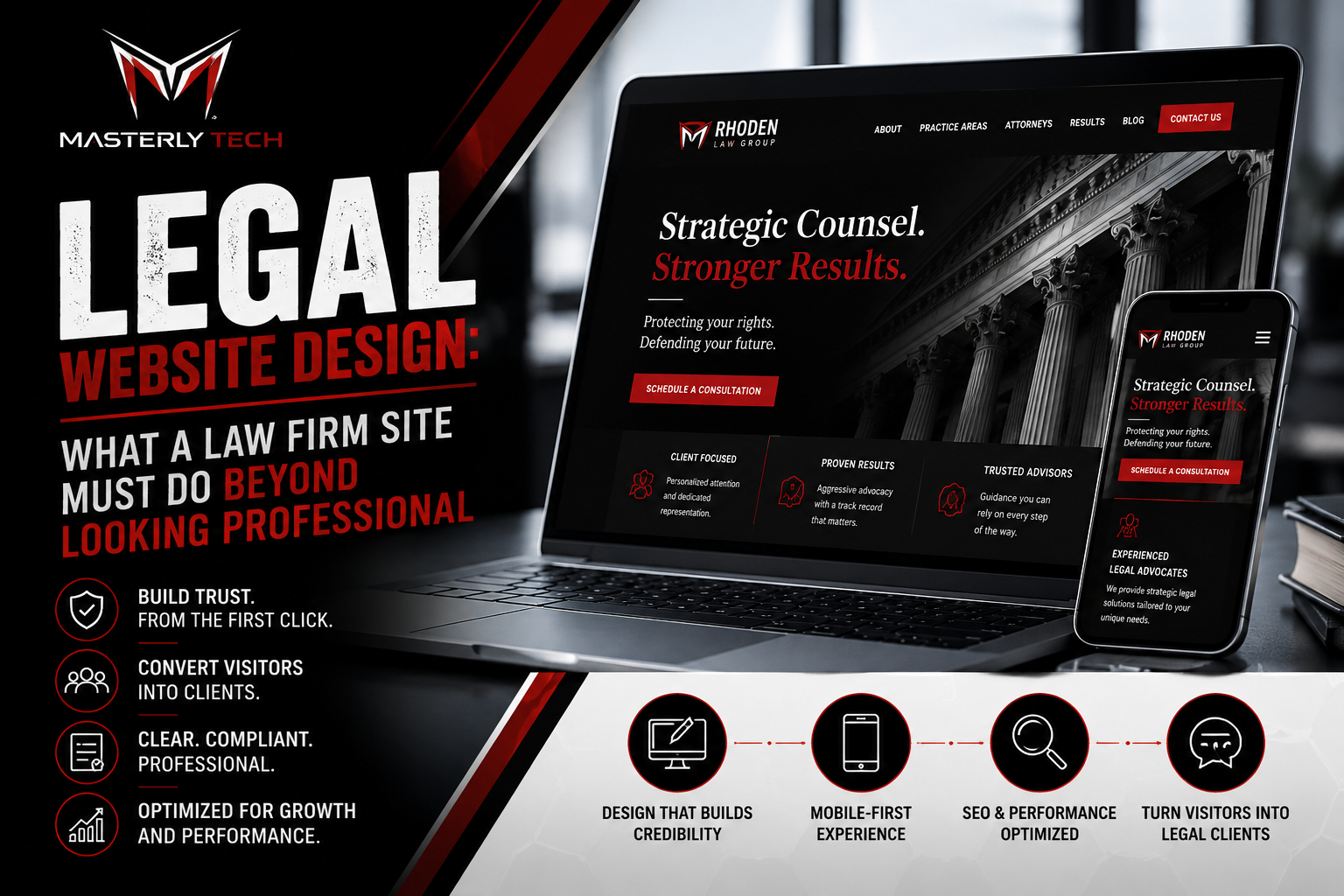 Black and red legal website design mockup on desktop and mobile screens with marketing text