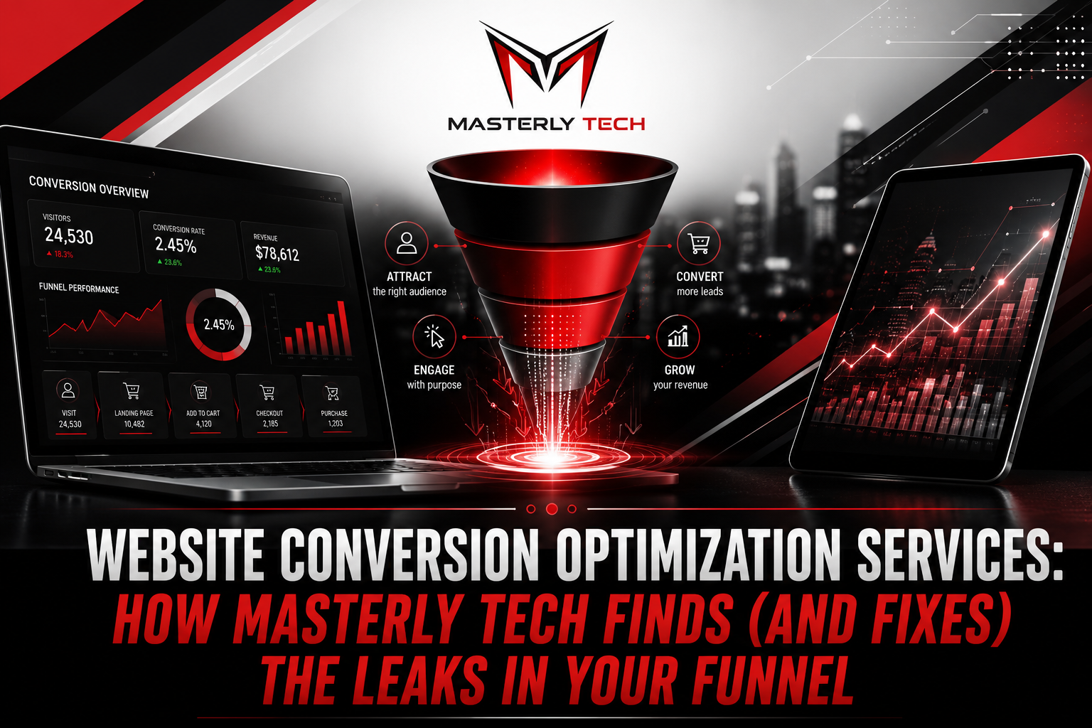 Website conversion optimization graphic with red funnel, analytics charts, and text about finding funnel leaks