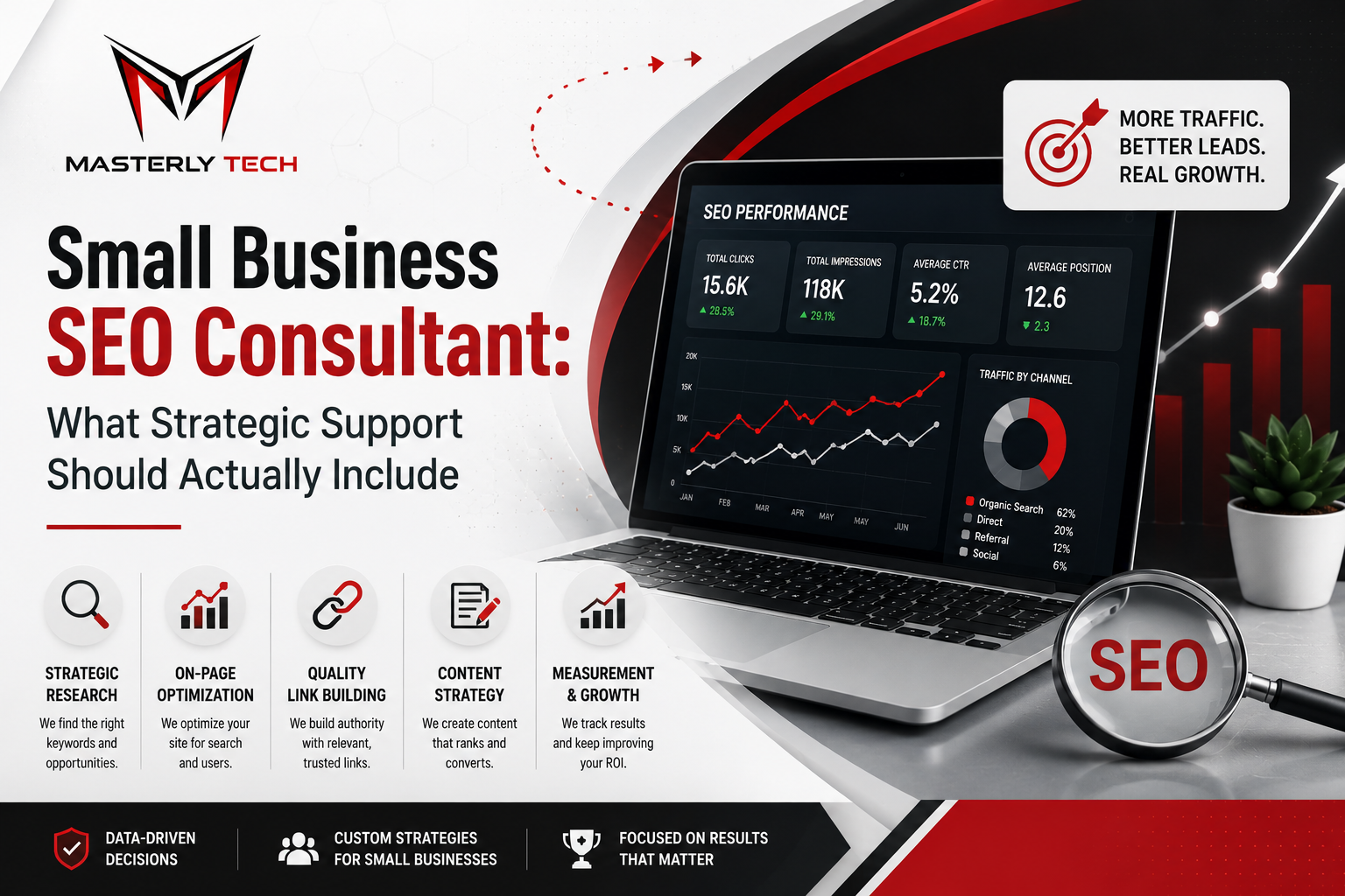 Small business SEO consultant ad with laptop analytics dashboard, red accents, and SEO icons