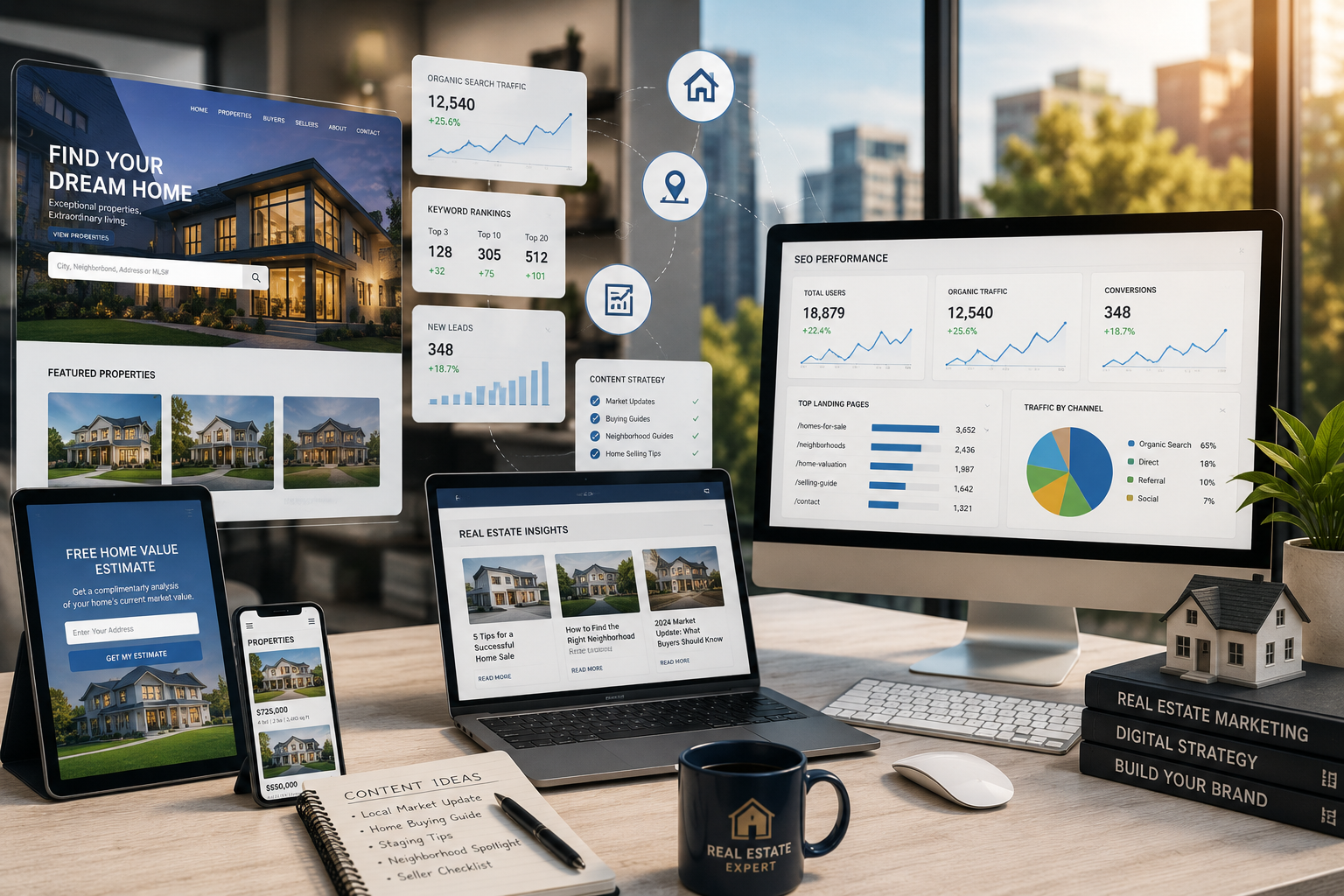 Real estate marketing workspace featuring SEO analytics, property listings, digital marketing dashboards, and content strategy tools for real estate professionals.