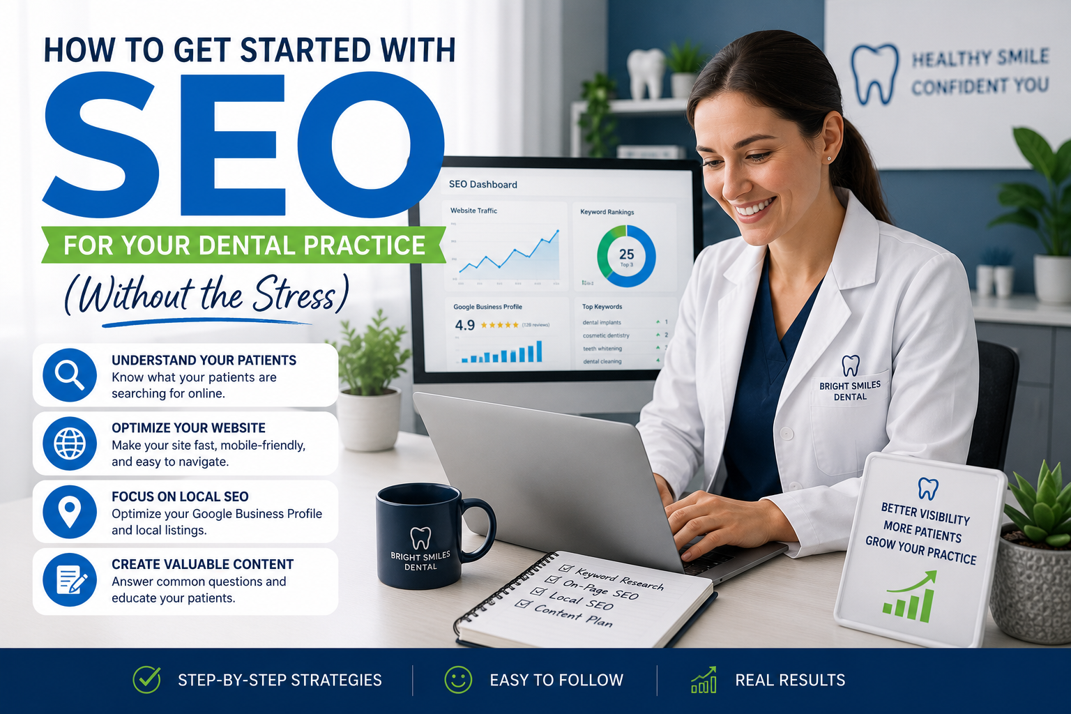 Dentist working on a laptop in a modern dental office with SEO analytics displayed on a monitor, representing digital marketing and search engine optimization for dental practices.