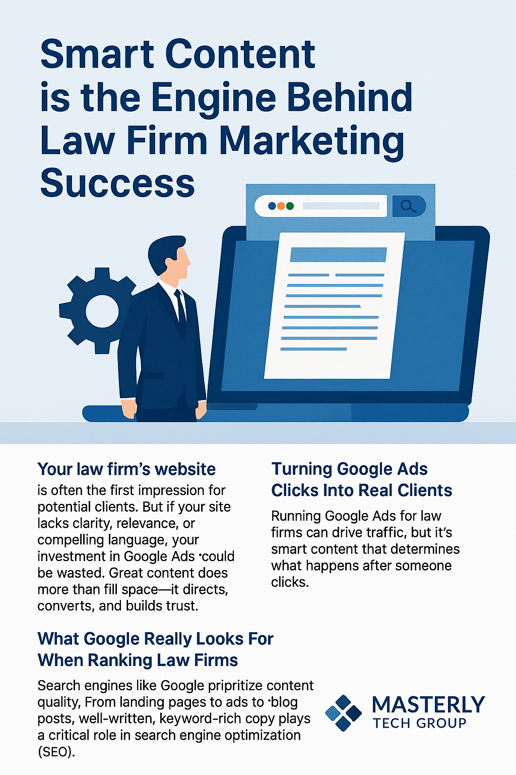 A digital marketing graphic from Masterly Tech Group with a light blue background and the bold headline 