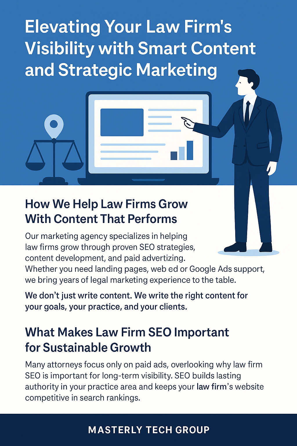 A digital marketing graphic from Masterly Tech Group featuring a blue-and-white design. The title reads, 