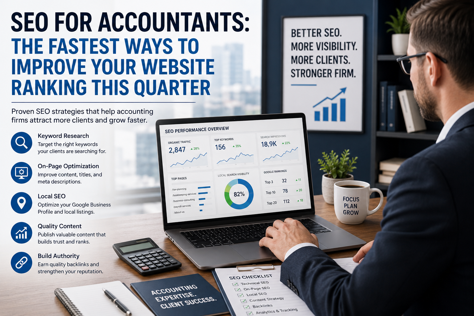 SEO specialist analyzes an accounting firm's website performance on a laptop dashboard, highlighting keyword research, technical SEO, local SEO, and content optimization strategies to improve search engine rankings and online visibility.