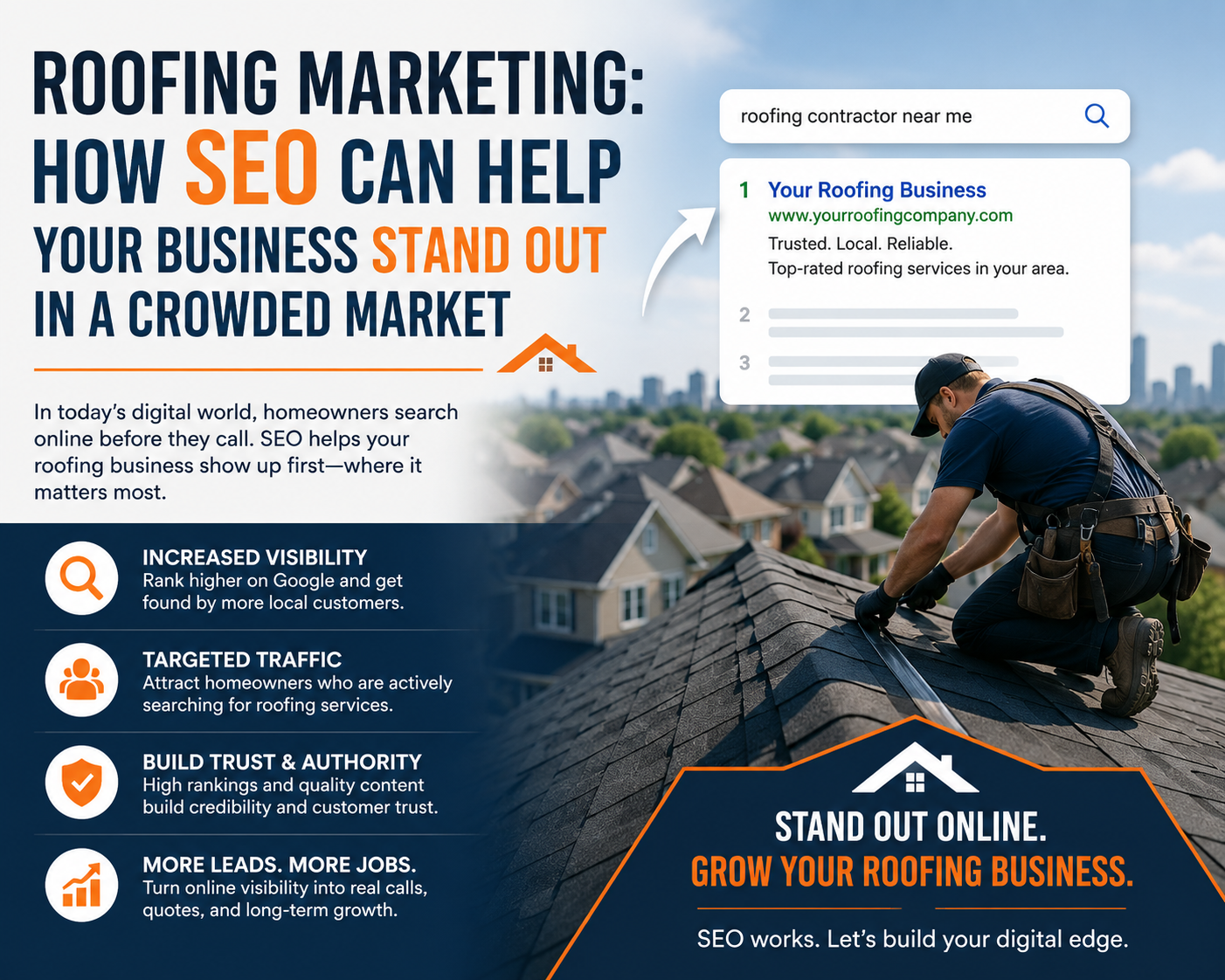 A professional marketing infographic about roofing SEO services. The design features a roofer working on a residential roof overlooking a neighborhood. Large headline text reads, “Roofing Marketing: How SEO Can Help Your Business Stand Out in a Crowded Market.” A mock Google search result shows a roofing company ranked first for a local roofing search. The infographic highlights key SEO benefits, including increased visibility, targeted traffic, building trust and authority, and generating more leads and jobs. The color scheme uses dark blue, white, and orange accents, with a call-to-action at the bottom that reads, “Stand Out Online. Grow Your Roofing Business. SEO works. Let’s build your digital edge.