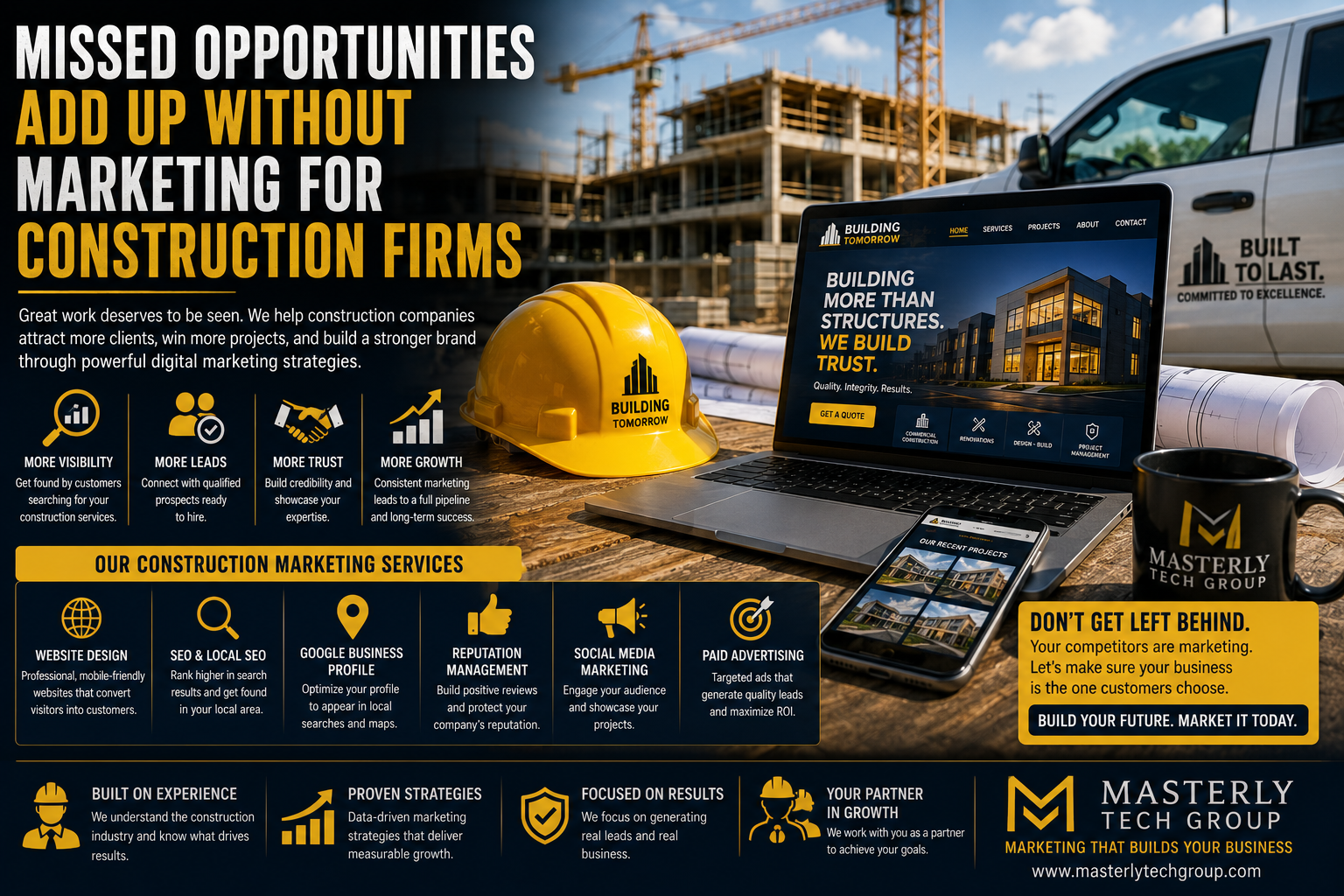 Construction marketing concept featuring a contractor's job site, laptop displaying a construction company website, hard hat, blueprints, and digital marketing tools representing SEO, branding, and lead generation for construction firms.