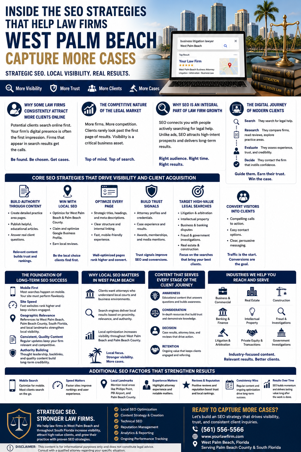 Inside the SEO Strategies That Help Law Firms West Palm Beach Capture More Cases.” The design features a professional legal marketing theme with a West Palm Beach skyline, waterfront imagery, a laptop displaying local legal search results, and law-related visuals such as scales of justice and legal reference books. The color palette consists of navy blue, gold, white, and light gray, reinforcing a professional law firm branding style.
A prominent headline emphasizes how strategic SEO, local visibility, and digital marketing can help law firms generate more client inquiries and increase case volume. Across the top, icons highlight four primary goals: More Visibility, More Trust, More Clients, and More Cases.
The infographic explains why some law firms consistently attract more clients online, noting that prospective clients often search online before selecting legal representation. Additional sections discuss the competitive nature of the legal market in West Palm Beach and explain how SEO has become an essential part of law firm growth by connecting attorneys with individuals actively seeking legal help.
A panel titled “The Digital Journey of Modern Clients” illustrates the typical client path: searching online, researching firms, evaluating experience and trustworthiness, and ultimately deciding which attorney to contact.