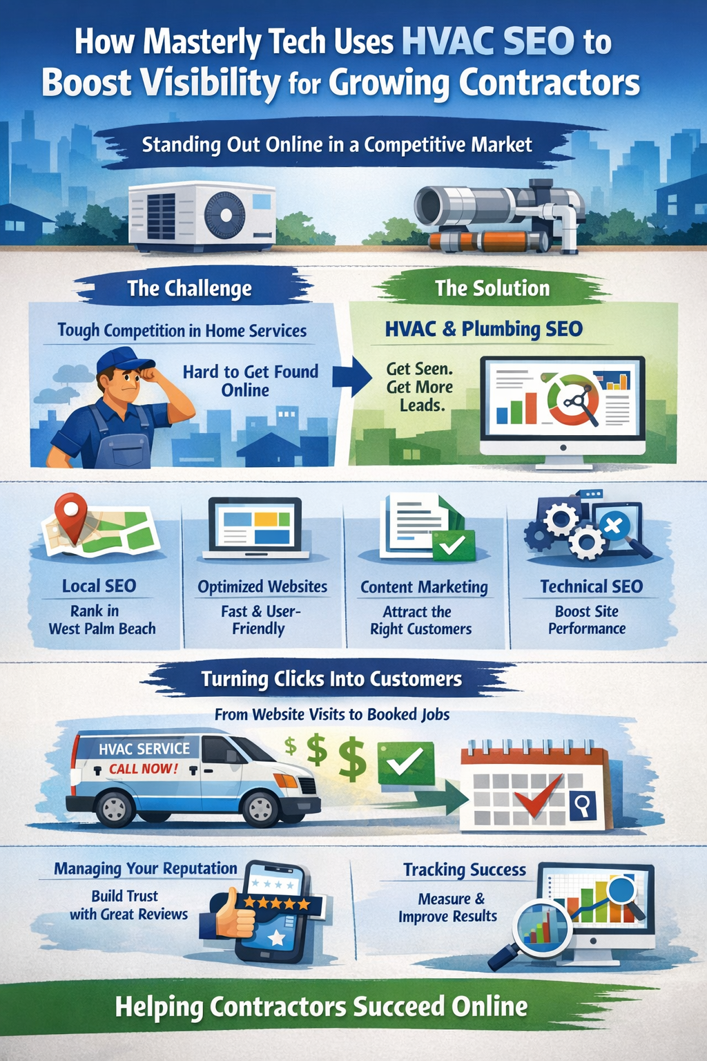 How Masterly Tech Uses HVAC SEO to Boost Visibility for Growing Contractors” showing how HVAC and plumbing businesses can improve online visibility through digital marketing. The graphic illustrates challenges like high competition and difficulty getting found online, followed by solutions including HVAC and plumbing SEO, local SEO targeting areas like West Palm Beach, optimized and user-friendly websites, content marketing, and technical SEO. It also highlights converting website traffic into booked jobs, managing online reputation through reviews, and tracking performance to generate more leads and help contractors grow their business.