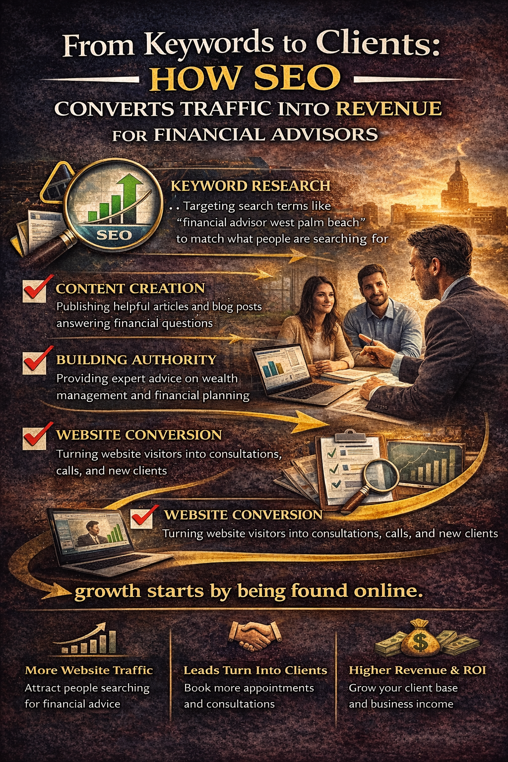 Infographic showing how SEO helps financial advisors convert online searches into clients, illustrating steps such as keyword research, content creation, building authority, and website conversion to generate traffic, leads, and revenue.