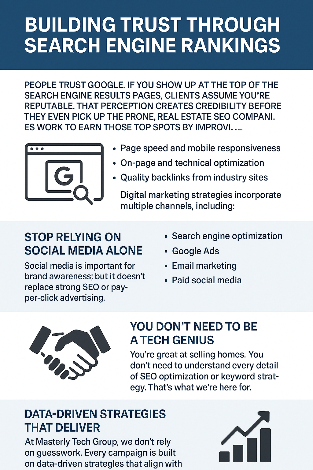 Infographic by Masterly Tech Group titled 'Building Trust Through Search Engine Rankings' with a blue and white design. It includes four main sections: 1) Importance of ranking high on Google with bullet points on page speed, optimization, and backlinks; 2) Advises against relying solely on social media, listing SEO, Google Ads, email marketing, and paid social media as key strategies; 3) Reassures real estate agents they don’t need to be tech experts, illustrated with a handshake icon; 4) Emphasizes data-driven strategies using analytics to improve ROI, shown with a bar chart and arrow icon.