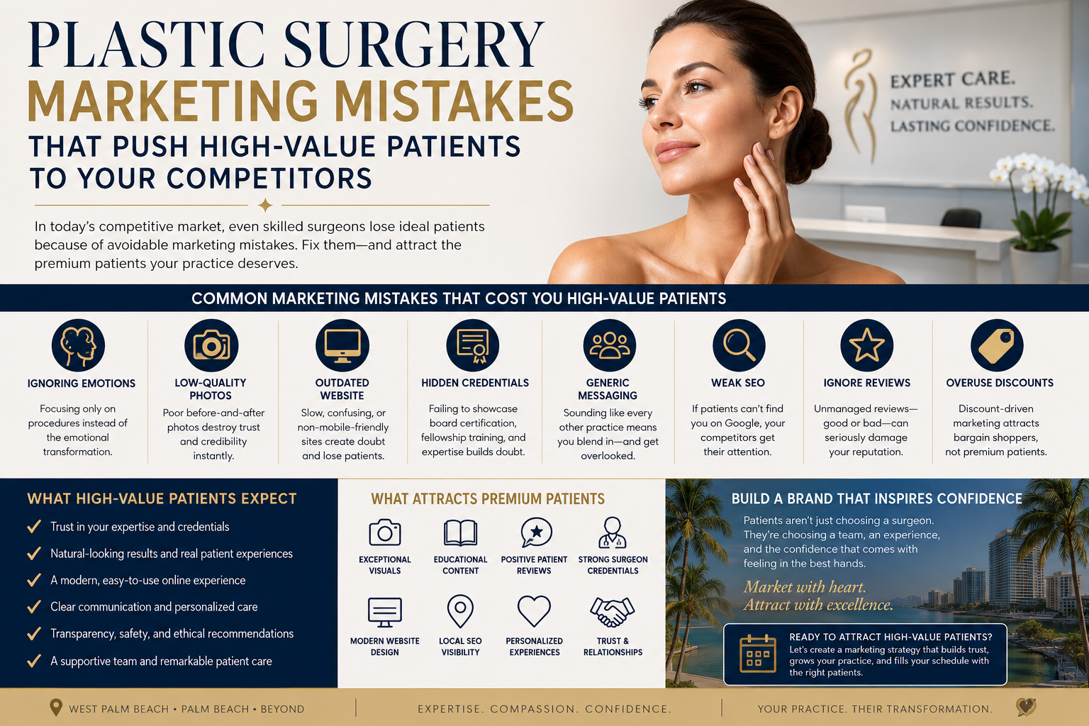 Plastic Surgery Marketing Mistakes That Push High-Value Patients to Your Competitors.” The design features a sophisticated navy, gold, and beige color palette with a confident woman in a luxury cosmetic surgery office setting. The infographic highlights common marketing mistakes plastic surgery practices make, including ignoring patient emotions, using low-quality before-and-after photos, outdated websites, hidden credentials, weak SEO, poor reputation management, and overusing discounts. Additional sections explain what premium cosmetic surgery patients expect, such as trust, natural-looking results, educational content, personalized experiences, strong surgeon credentials, and modern branding. The overall design conveys professionalism, luxury, patient confidence, and high-end cosmetic surgery marketing expertise.