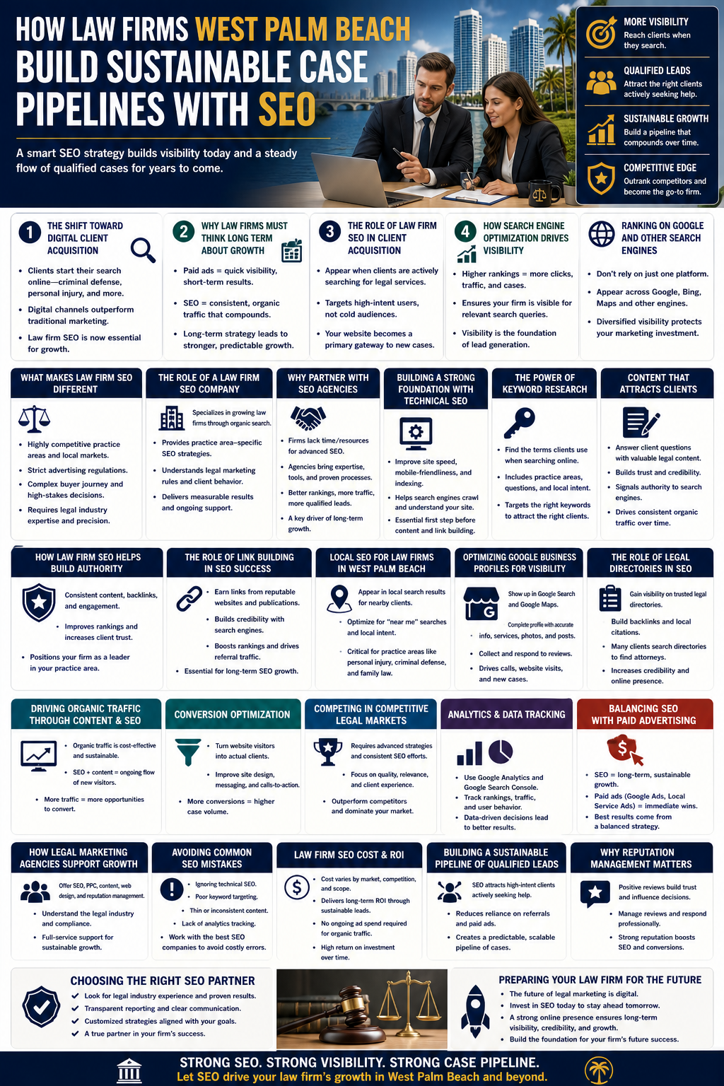 How Law Firms West Palm Beach Build Sustainable Case Pipelines with SEO.” It shows two attorneys in business attire reviewing a laptop at a desk, with a waterfront city skyline in the background. A side panel highlights key benefits: increased visibility, qualified leads, sustainable growth, and competitive advantage.
The infographic is organized into multiple sections explaining how SEO drives law firm growth. It begins with the shift toward digital client acquisition, noting that potential clients search online for legal services. It emphasizes the importance of long-term strategy over short-term advertising and explains how law firm SEO helps firms appear in search results for high-intent users.
Additional panels describe core SEO components, including technical SEO, keyword research, and content creation. Sections explain how high-quality legal content builds trust and authority, while link building and legal directories improve credibility and rankings. Local SEO is highlighted, focusing on visibility in West Palm Beach through Google Business profiles and “near me” searches.
The infographic also covers conversion optimization, analytics, and data tracking using tools like Google Analytics. It explains how firms compete in competitive legal markets and balance SEO with paid advertising strategies.
Further sections address common SEO mistakes, cost and return on investment, and the role of legal marketing agencies. It emphasizes building a sustainable pipeline of qualified leads through consistent SEO efforts and reputation management, including client reviews.
The final sections highlight choosing the right SEO partner, preparing for the future of digital legal marketing, and the overall goal of creating long-term visibility, authority, and steady case growth.