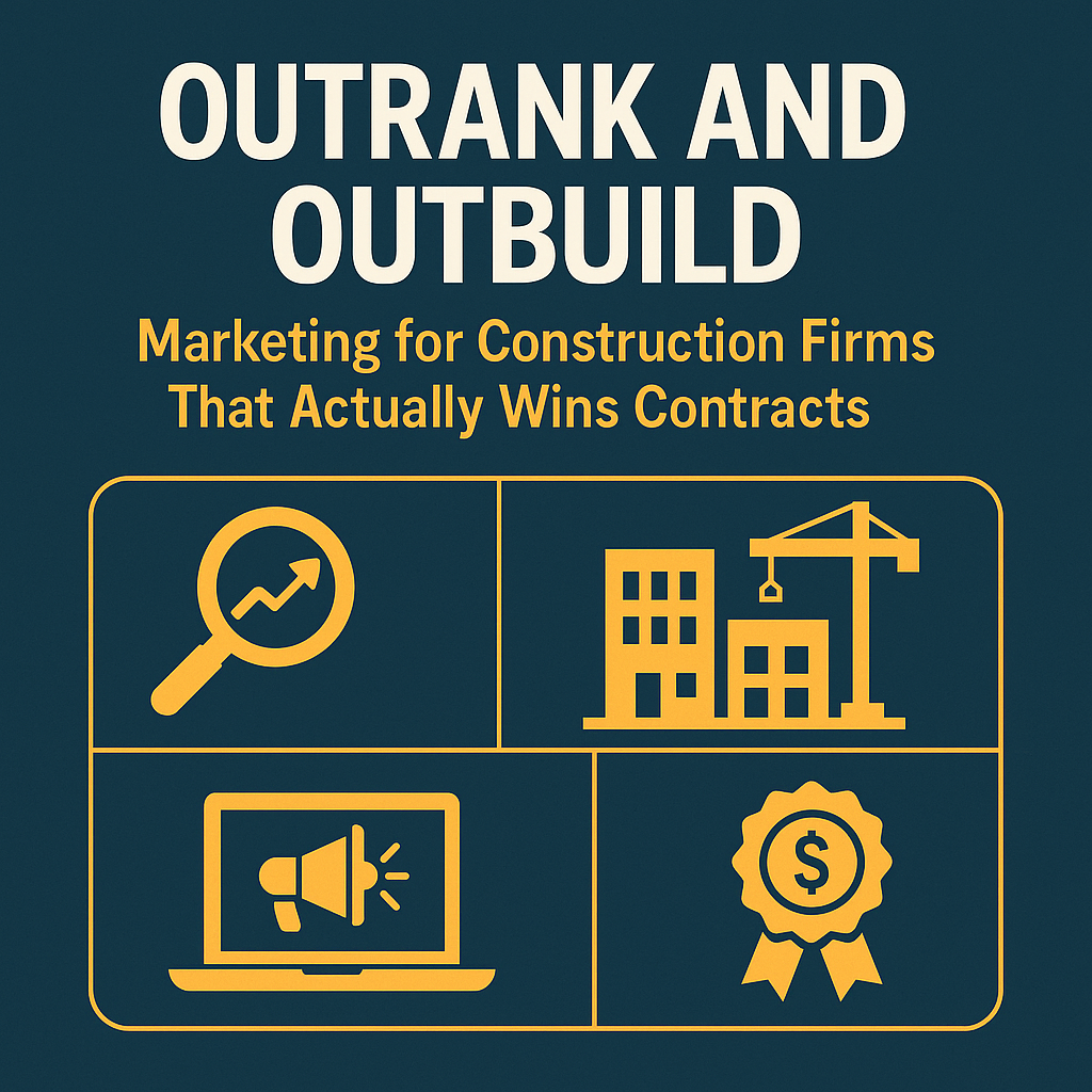Digital graphic with the title ‘Outrank and Outbuild: Marketing for Construction Firms That Actually Wins Contracts’ displayed in bold white and yellow text on a dark teal background. Below the title are four yellow-orange icons inside outlined boxes: a magnifying glass with an upward graph, a set of buildings with a construction crane, a laptop with a megaphone, and an award badge with a dollar sign—symbolizing SEO, construction work, digital marketing, and revenue growth.