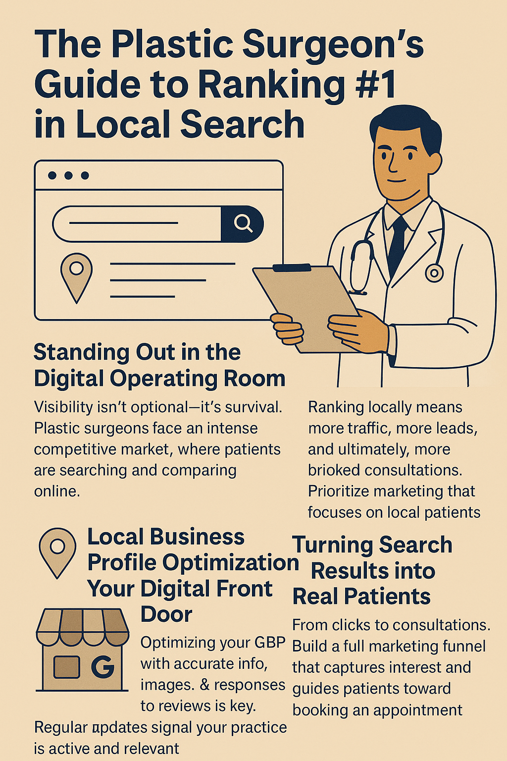 The Plastic Surgeon’s Guide to Ranking #1 in Local Search.” It features a smiling plastic surgeon in a white coat holding a clipboard beside search engine and location icons. The beige and navy-blue design highlights four sections explaining visibility in online marketing, local SEO importance, Google Business Profile optimization, and turning search results into patient consultations. The layout uses clean flat illustrations and bold text to convey professionalism and clarity in digital marketing for plastic surgeons.