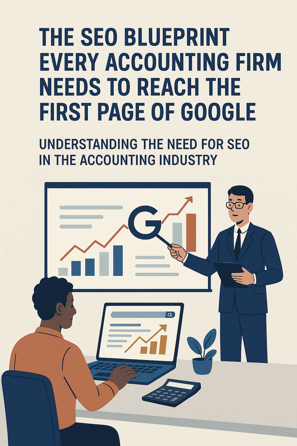 A modern illustration titled ‘The SEO Blueprint Every Accounting Firm Needs to Reach the First Page of Google.’ It shows a male professional in a suit presenting SEO growth charts on a large screen with a big ‘G’ for Google, while another professional sits at a desk analyzing similar graphs on a laptop. The design uses shades of navy, beige, orange, and gray, symbolizing professionalism and digital marketing strategy for accounting firms.