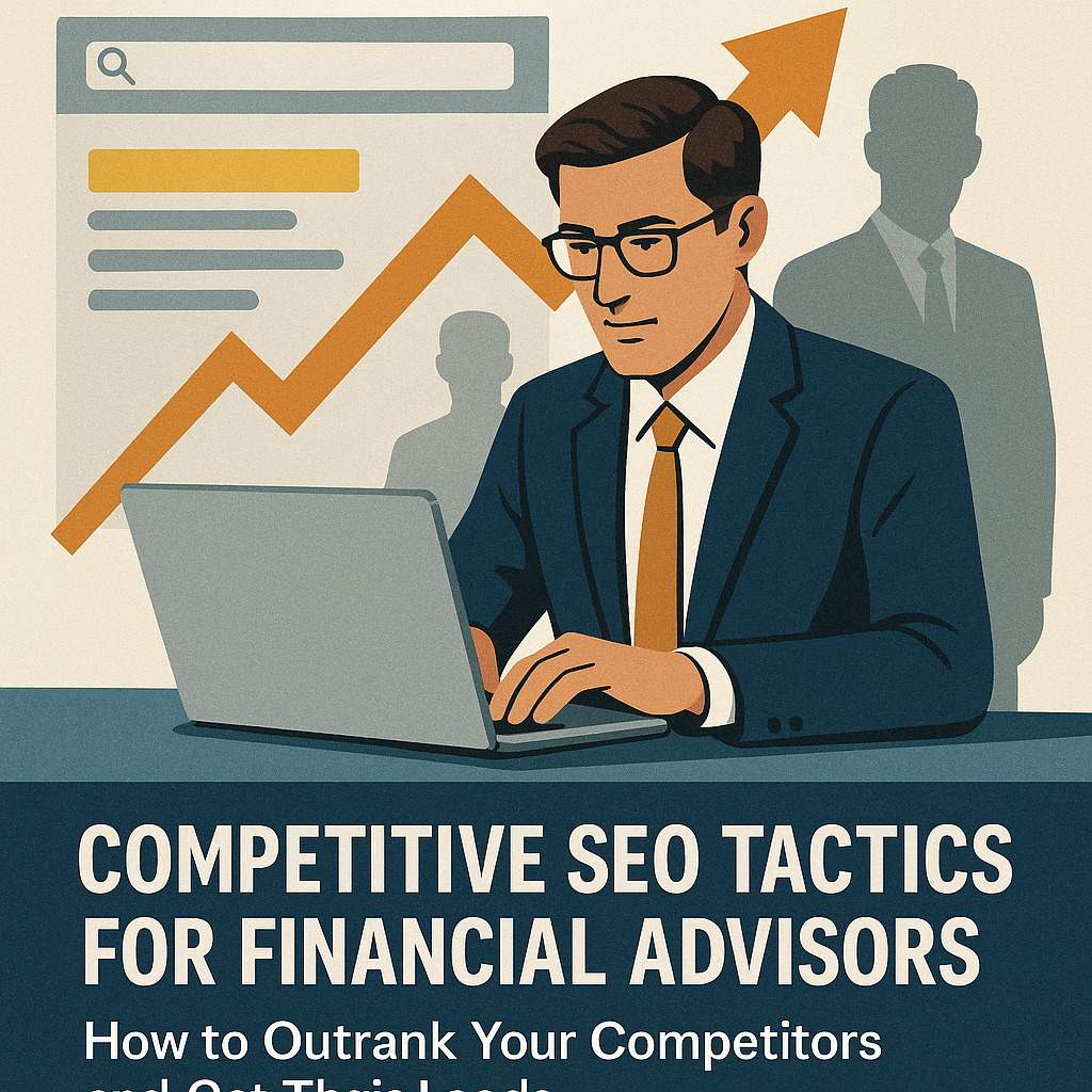 Competitive SEO Tactics for Financial Advisors: How to Outrank Your Competitors and Get Their Leads.” The overall tone conveys confidence, strategy, and digital success.