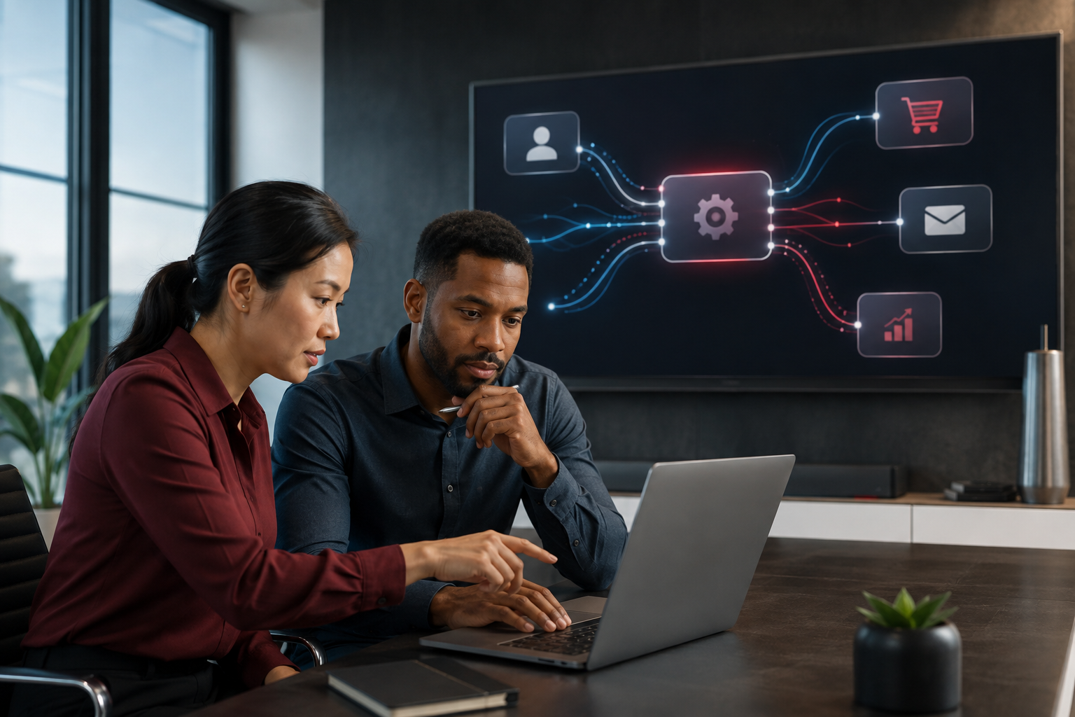 Technology professionals reviewing connected business systems and secure data flows through an API integration platform.