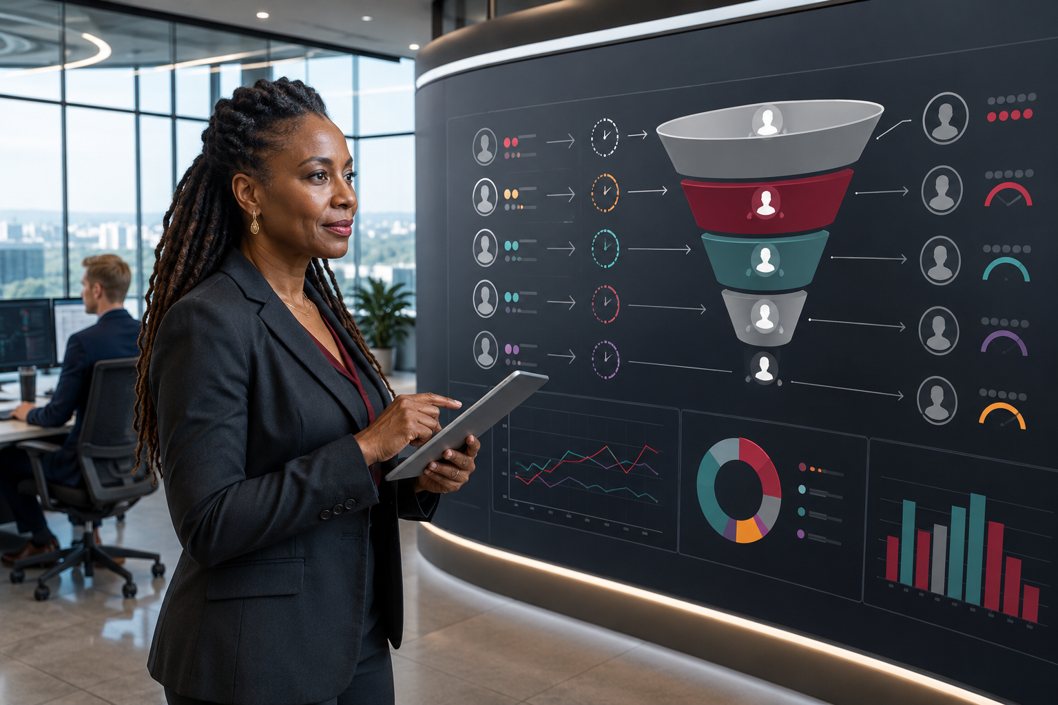 Sales director using lead management software to monitor lead qualification, routing, follow-up, and pipeline performance.
