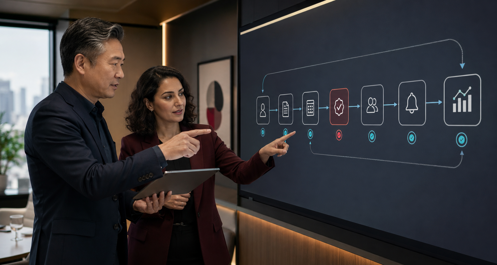 Business leaders reviewing an AI automation workflow with connected tasks, approvals, notifications, and performance analytics.