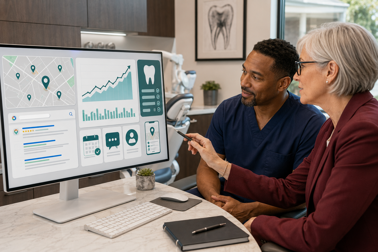 Dental practice owner and SEO expert reviewing local search visibility, website traffic, and patient inquiry performance.