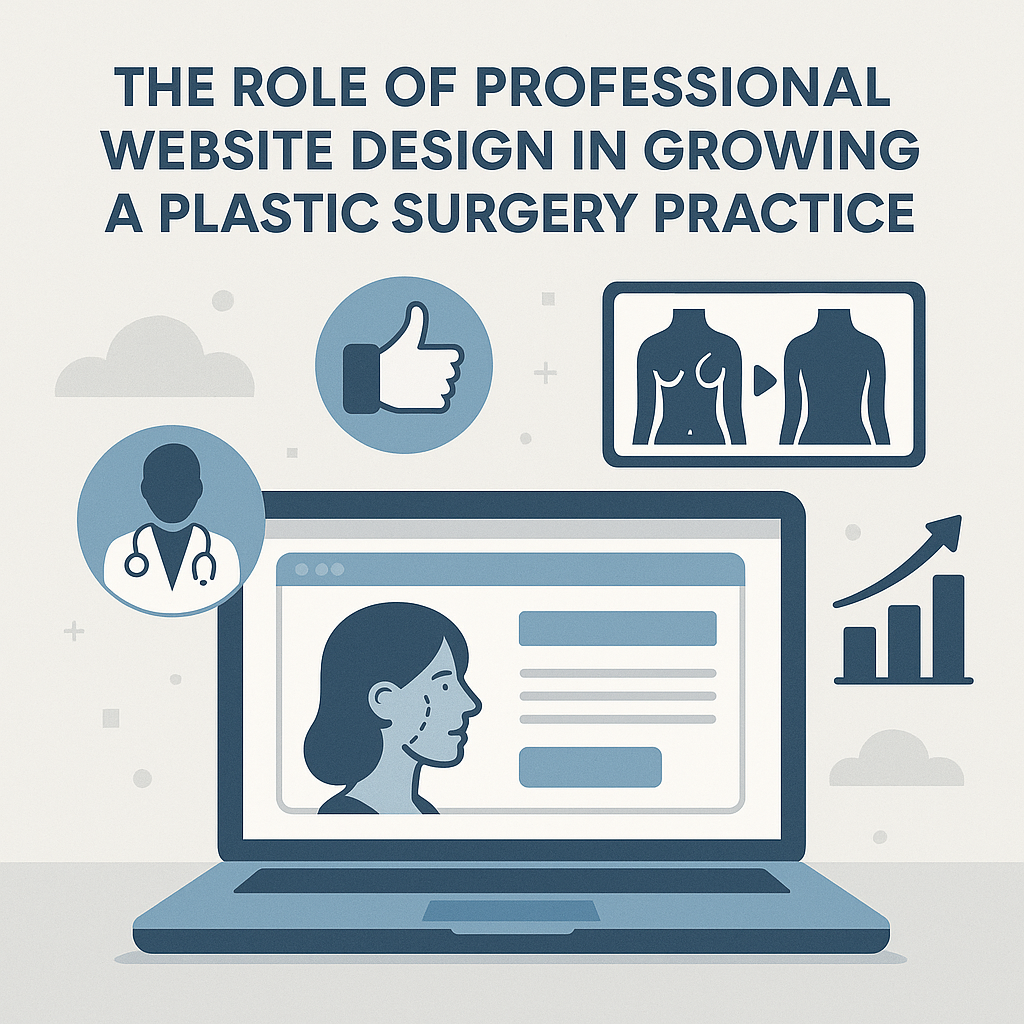 Flat-style digital illustration showing a laptop screen with a woman’s face marked for plastic surgery, surrounded by icons of a doctor, thumbs-up, before-and-after body silhouettes, and a rising bar chart. The design emphasizes the role of professional website design in growing a plastic surgery practice.