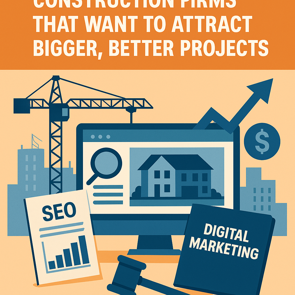 Marketing for Construction Firms That Want to Attract Bigger, Better Projects.” The image shows a large computer monitor with a house displayed on the screen, surrounded by construction cranes, high-rise buildings, and digital marketing symbols. In the foreground, documents labeled “SEO” with a rising bar graph and “DIGITAL MARKETING” are visible, alongside a dollar sign icon and an upward arrow symbolizing growth. The color scheme uses bold orange, blue, and beige tones to convey trust, innovation, and success.
