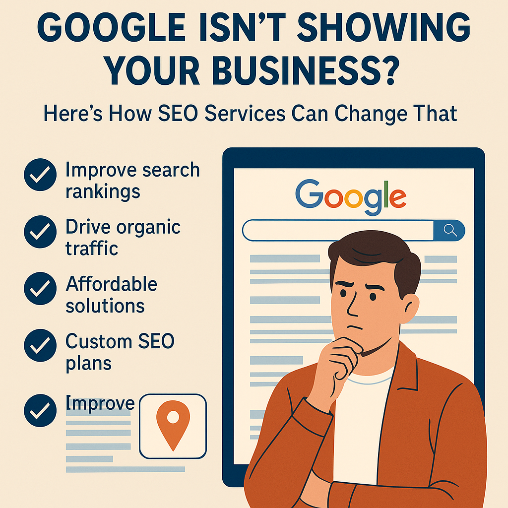 Flat-style illustration with the headline “Google Isn’t Showing Your Business? Here’s How SEO Services Can Change That.” A thoughtful man looks at a large Google search screen. To the left, a checklist highlights benefits: improve search rankings, drive organic traffic, affordable solutions, custom SEO plans, and improved local visibility with a map pin icon.