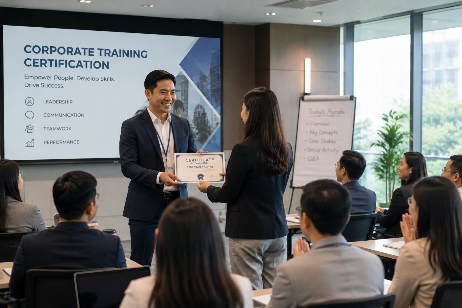 Corporate training certification session with professionals receiving certificates in a modern business setting.