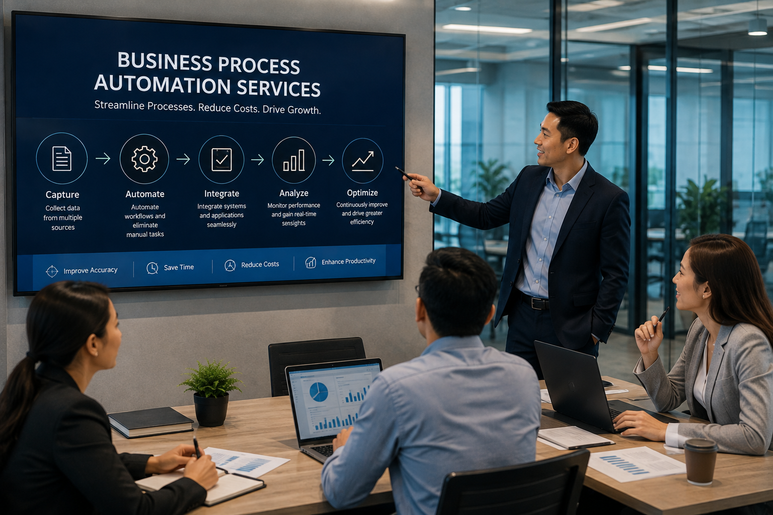 Premium realistic business process automation services presentation showing professionals using technology to streamline workflows and improve operational efficiency.