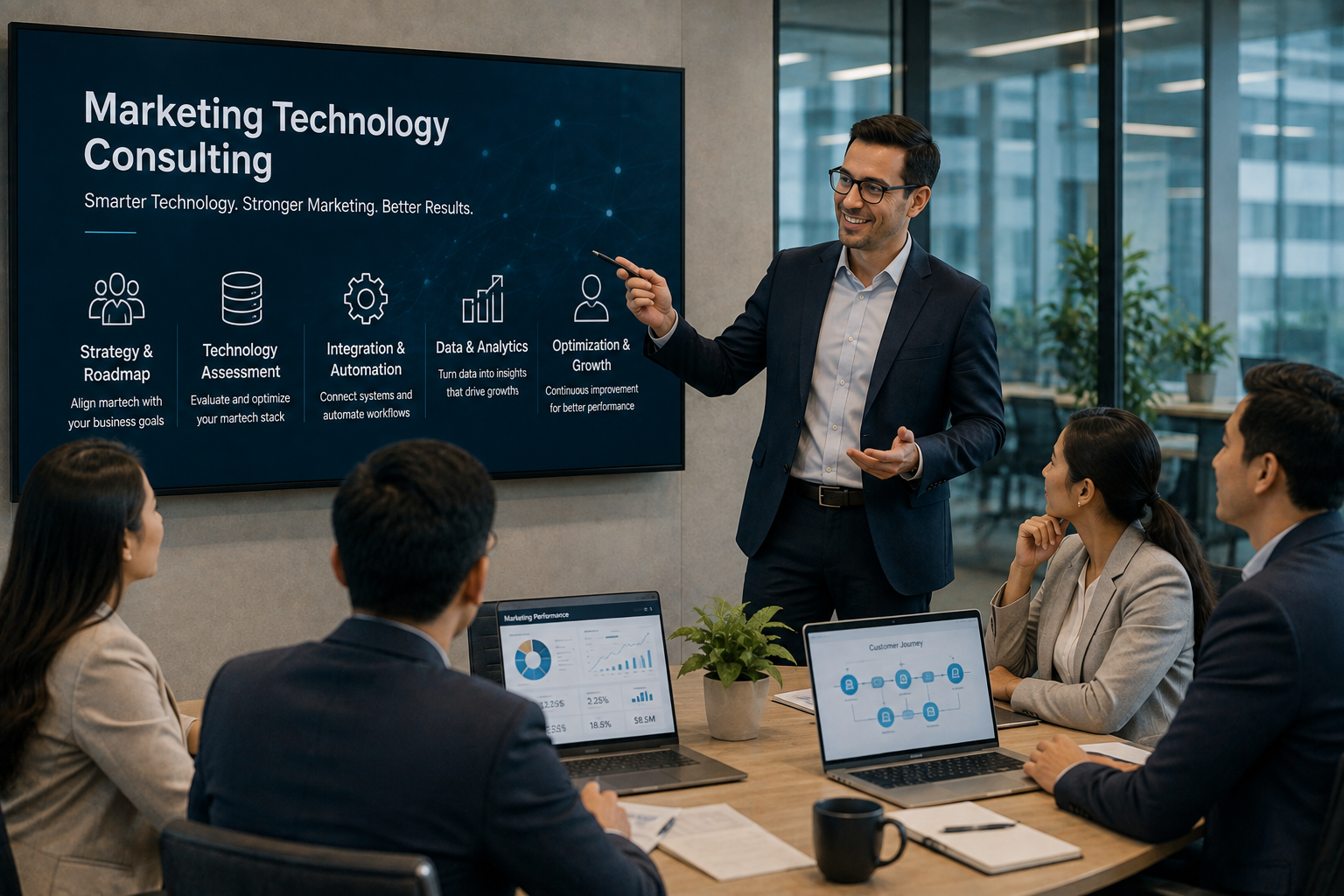 Premium realistic marketing technology consulting meeting with business professionals reviewing marketing systems, analytics, automation, and technology strategy.