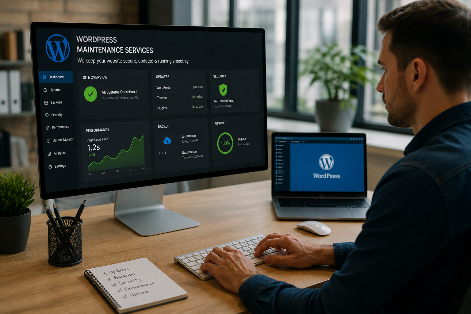 Premium realistic WordPress maintenance services visual showing a professional managing website updates, security, backups, performance, and uptime.