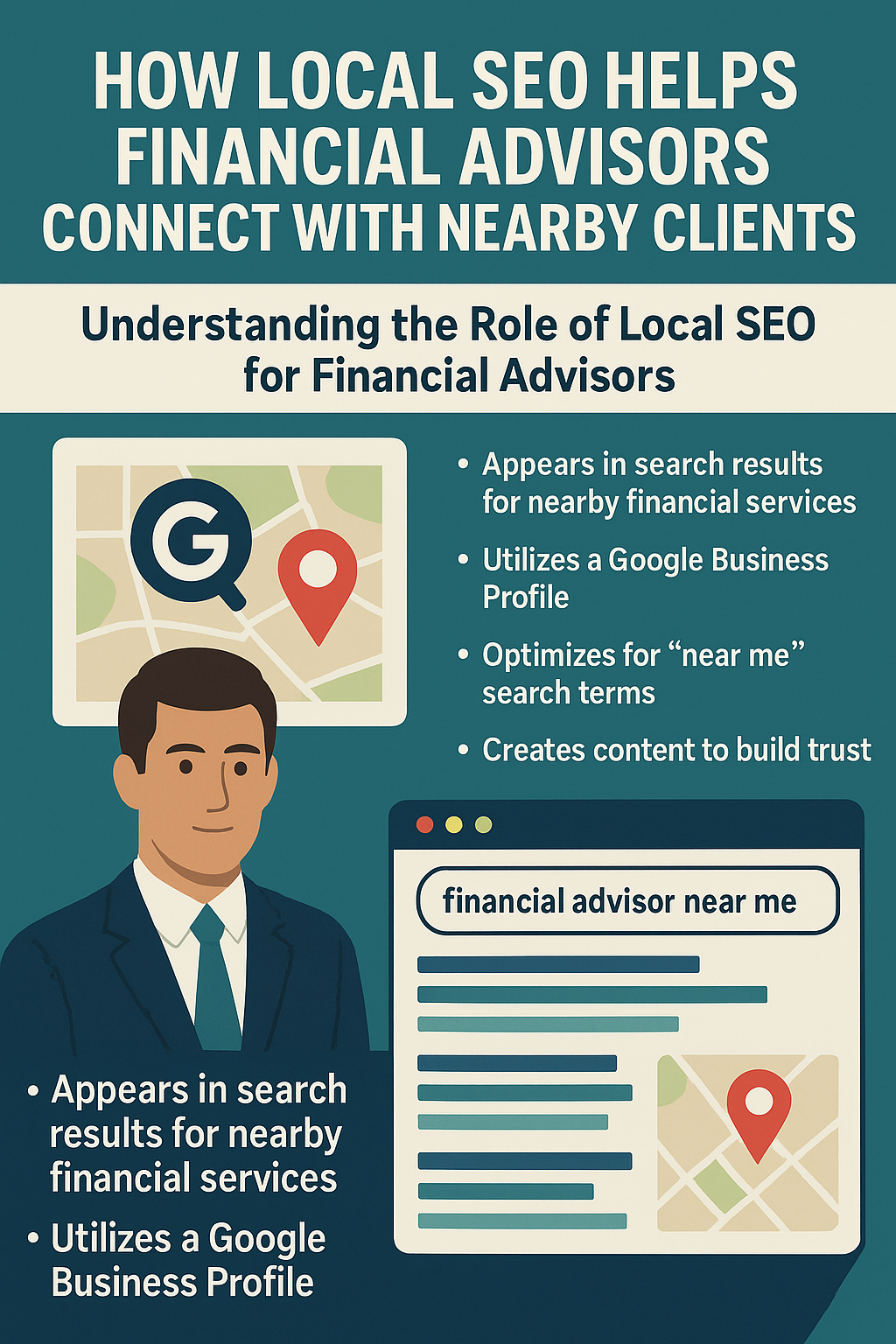 How Local SEO Helps Financial Advisors Connect with Nearby Clients.' It features a cartoon-style financial advisor in a suit, a Google map pin, and a search bar with the phrase 'financial advisor near me.' Bullet points highlight benefits of local SEO: appearing in search results for nearby services, utilizing a Google Business Profile, optimizing for 'near me' search terms, and creating content to build trust.