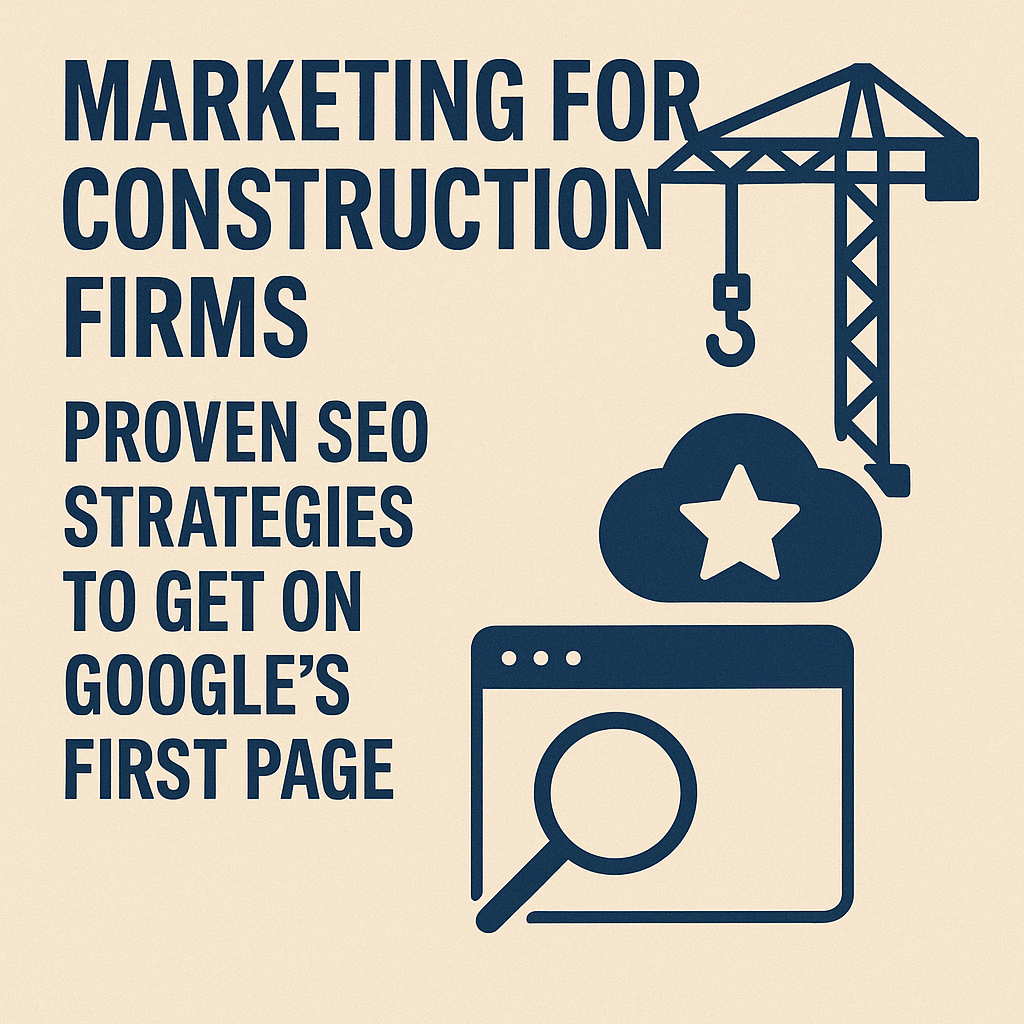 Graphic with bold navy text on a beige background reading: “Marketing for Construction Firms: Proven SEO Strategies to Get on Google’s First Page.” To the right, icons include a construction crane, a cloud with a star symbol, and a web browser window with a magnifying glass, representing construction and SEO marketing.