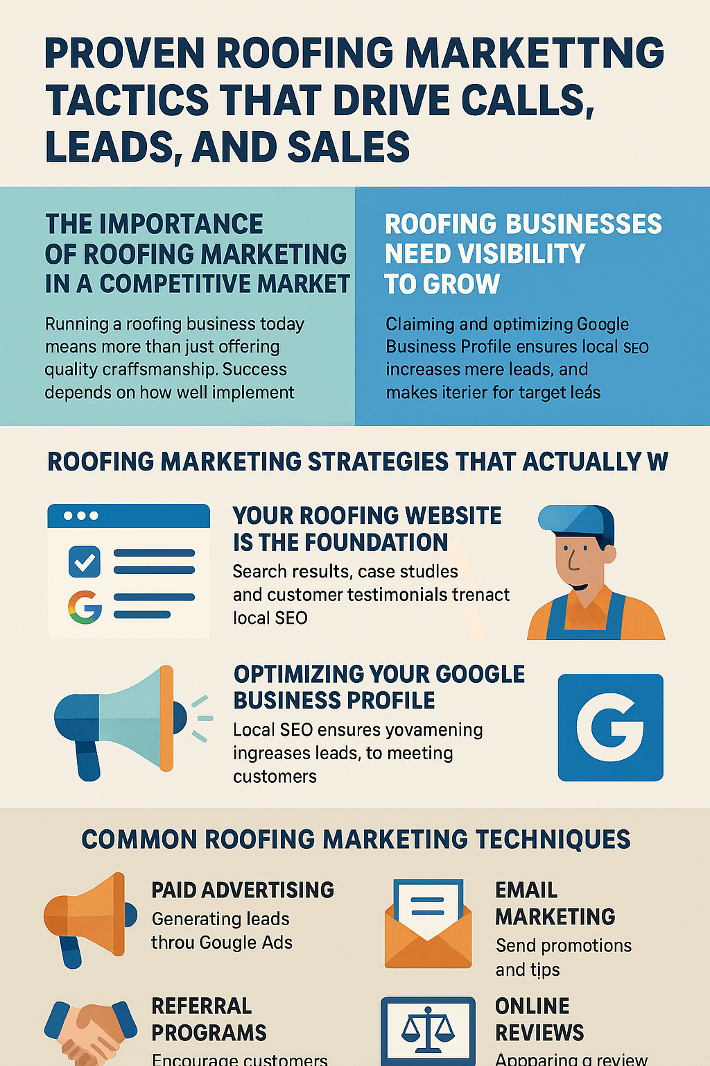 Proven Roofing Marketing Tactics That Drive Calls, Leads, and Sales.” The design uses blue, teal, orange, and white with bold headings, icons, and short text blocks. Sections highlight the importance of roofing marketing in a competitive market, the need for visibility, and strategies like building a professional roofing website, optimizing Google Business Profile, and using local SEO. Common roofing marketing techniques include paid advertising with Google Ads, referral programs, email marketing, and encouraging online reviews. Icons include a website window, megaphone, handshake, envelope, scales of justice, and a roofer illustration.