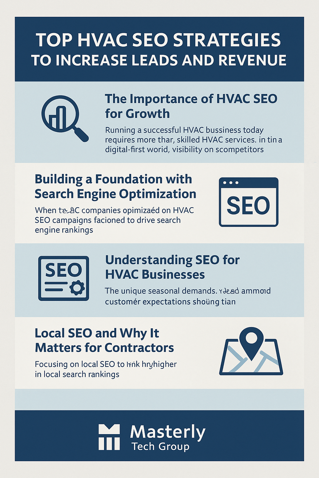 Top HVAC SEO Strategies to Increase Leads and Revenue’ with a blue and white color scheme. Sections include: the importance of HVAC SEO for growth with a magnifying glass icon, building a foundation with search engine optimization with a browser window icon, understanding SEO for HVAC businesses with an SEO gear icon, and local SEO and why it matters for contractors with a map pin icon. Bottom includes Masterly Tech Group logo.