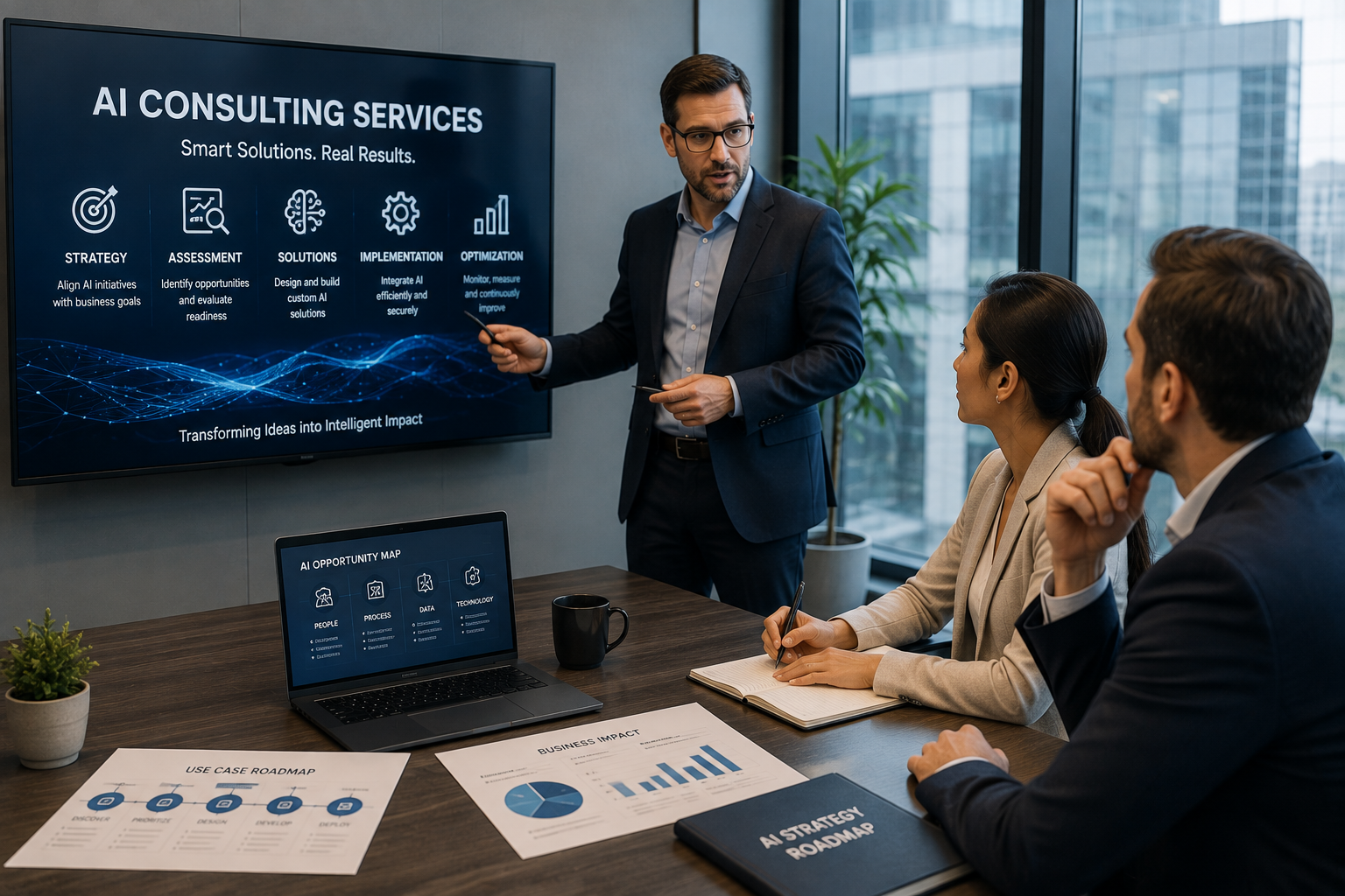 Premium realistic visual of an AI consultant presenting an artificial intelligence strategy to business leaders.
