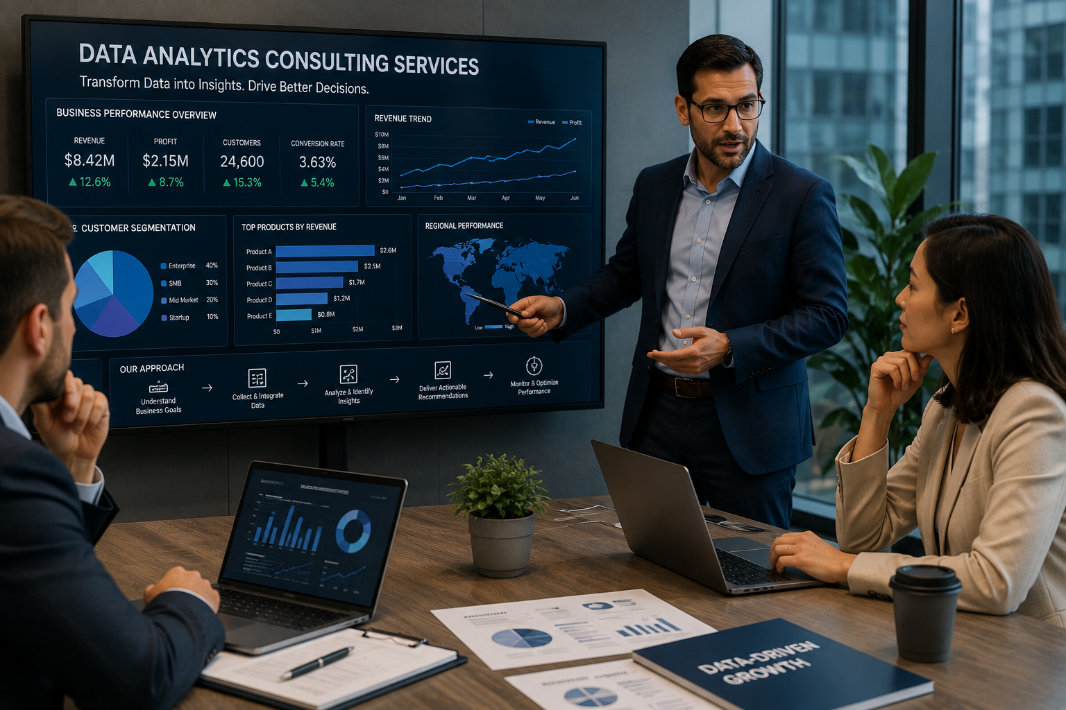 Premium realistic visual of a data analytics consultant presenting business dashboards and performance insights to corporate leaders.