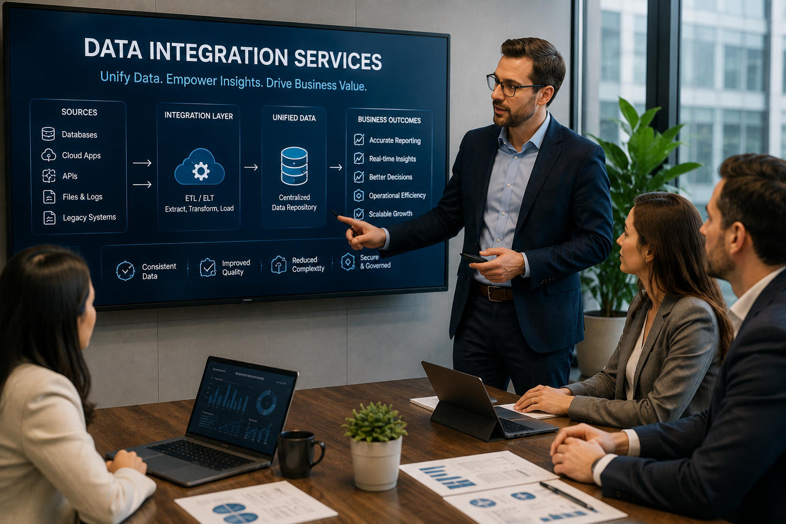 Data integration consultant presenting a unified data strategy.