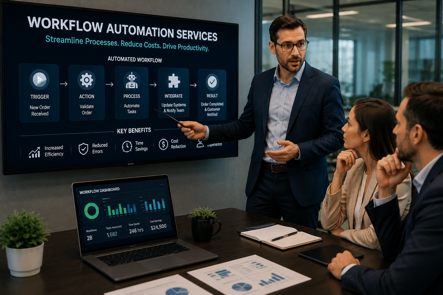 Workflow automation consultant presenting automated business processes.
