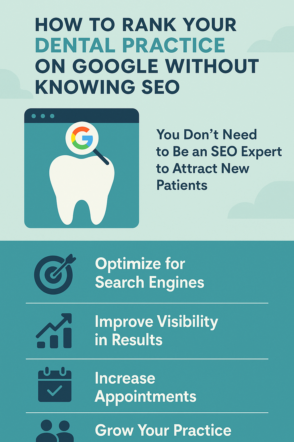You don’t need to be an SEO expert to attract new patients.’ Below, four teal sections list benefits with icons: a target icon for ‘Optimize for Search Engines,’ an upward graph for ‘Improve Visibility in Results,’ a calendar for ‘Increase Appointments,’ and people icons for ‘Grow Your Practice.’ The design uses teal and dark blue colors with a clean, professional style.