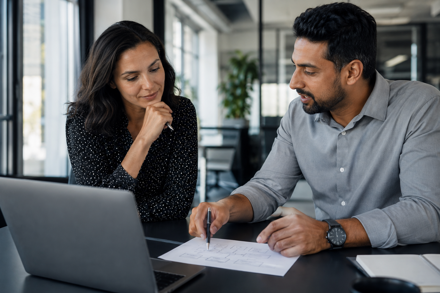 Marketing automation consultant reviewing a workflow with a business leader during a professional office consultation.