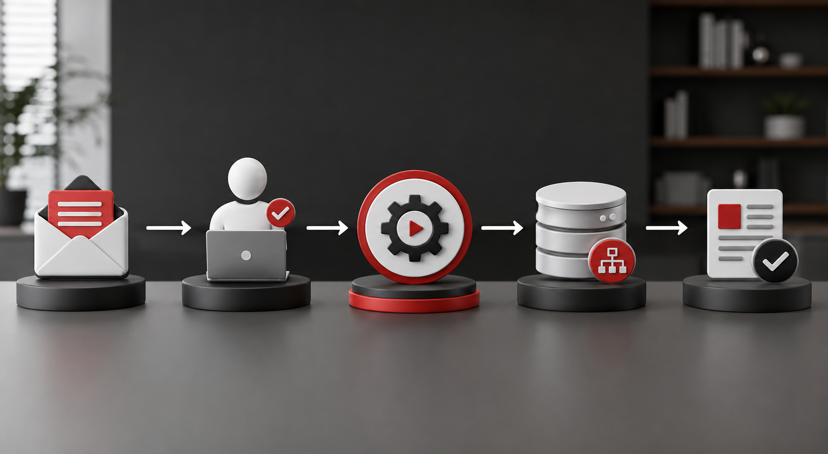 Business automation workflow showing request intake, human approval, automated processing, system connection, and completed follow-up.