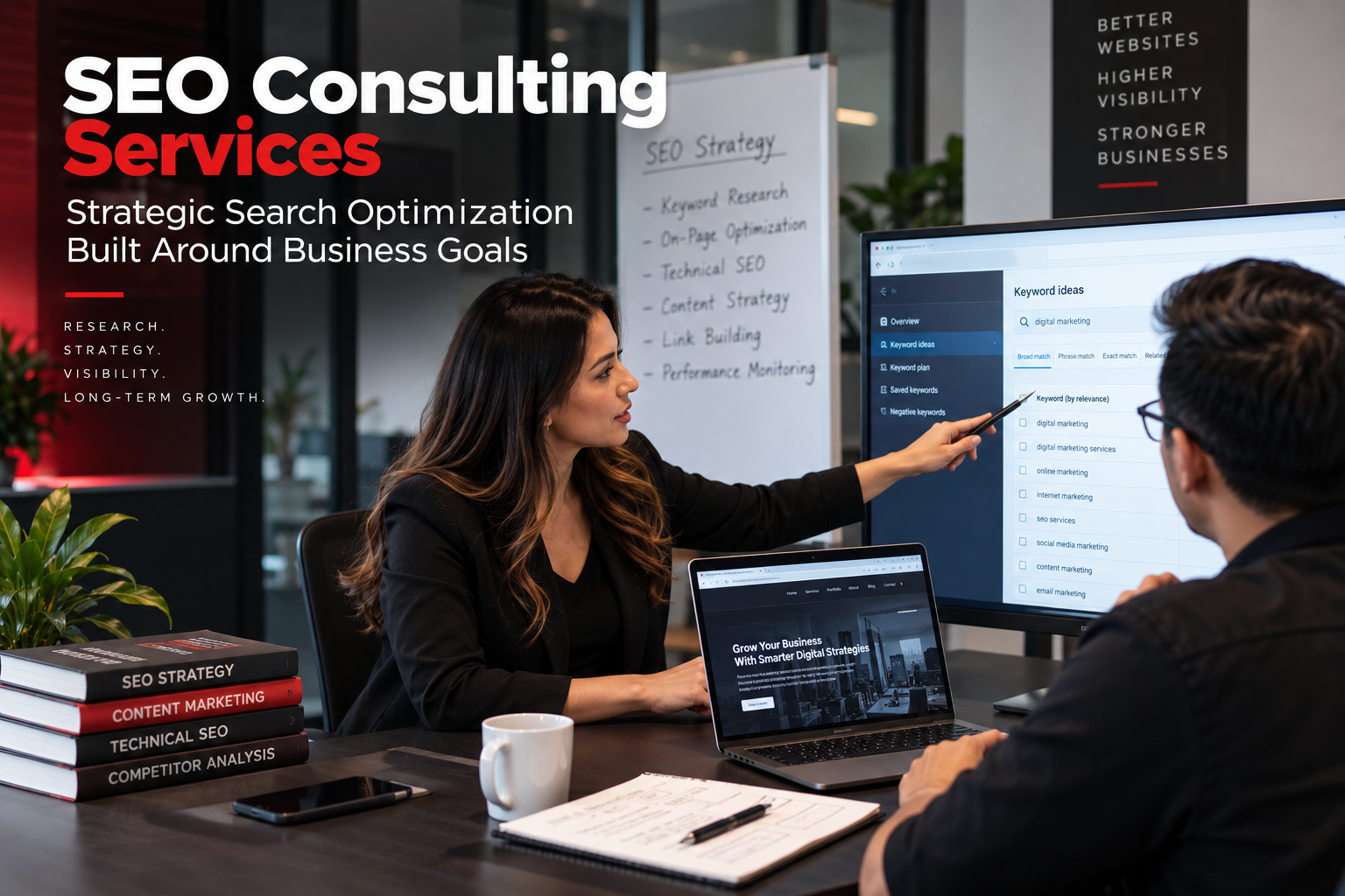 SEO consulting services consultation with an SEO strategist reviewing keyword research, website optimization, and search strategy with a client on a laptop.