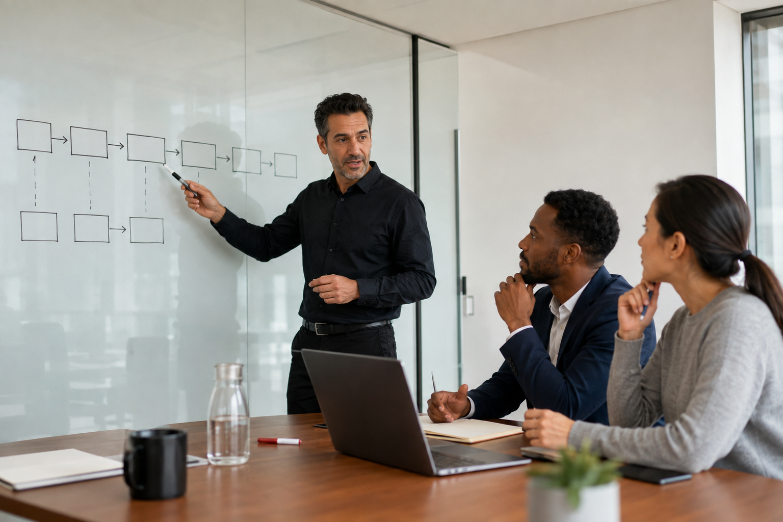 Sales automation consultant mapping a lead-to-client workflow with business leaders during a professional consultation.