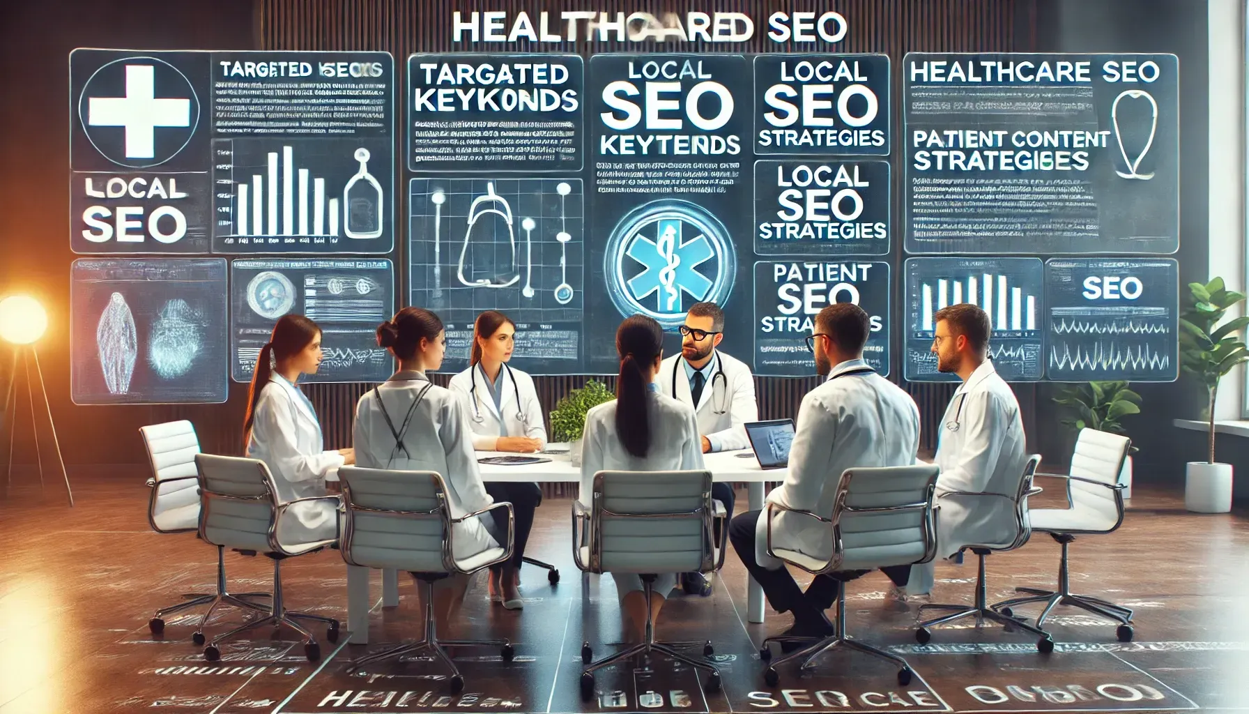 A group of doctors are sitting around a table having a meeting.
