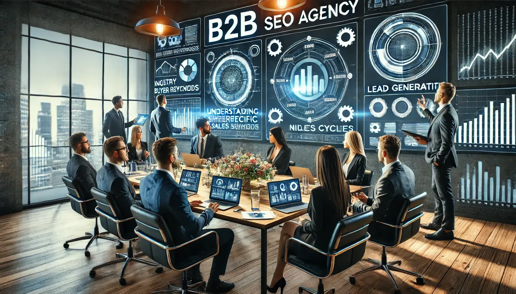 A group of business people are having a meeting in a conference room.