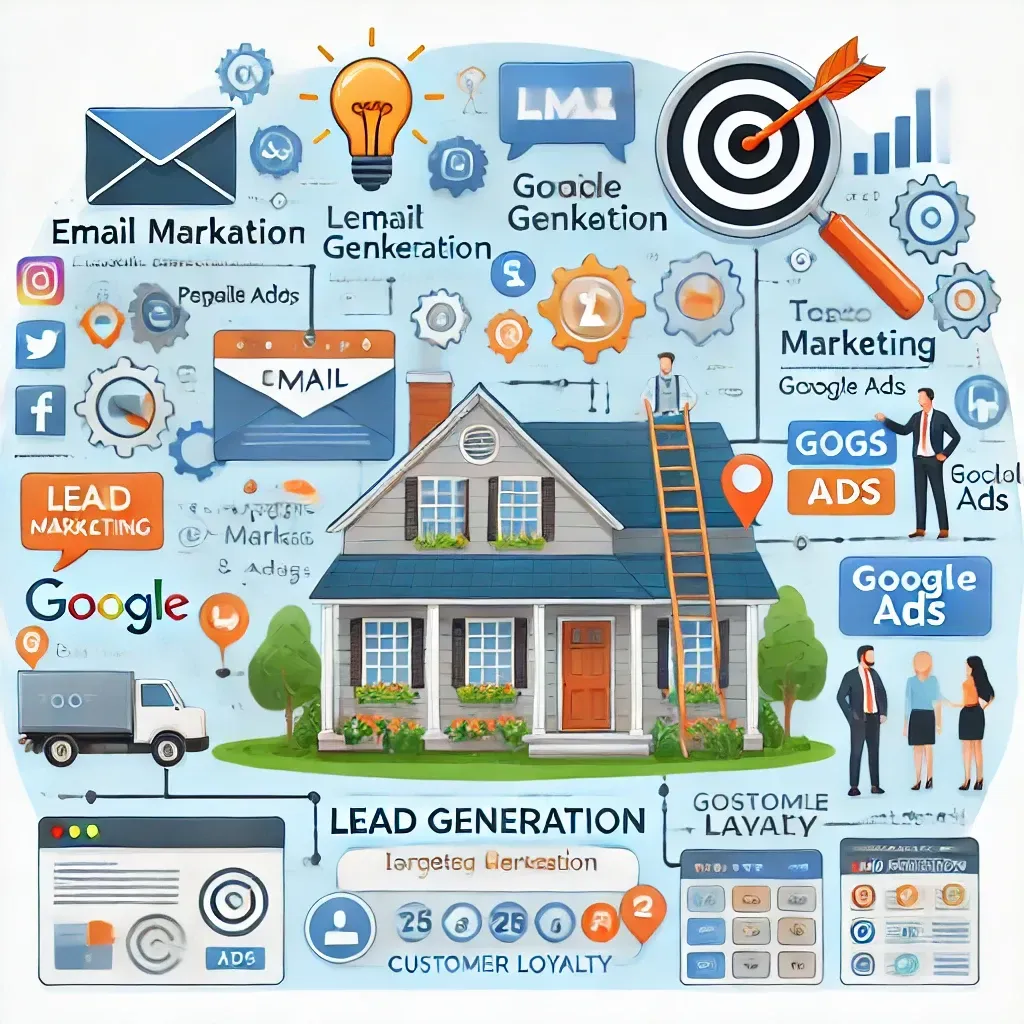 Illustration of a roofing company’s lead generation strategy using email marketing and targeted ad campaigns, featuring personalized email updates, Google Ads, and social media ads. Icons for client engagement, lead generation, and customer loyalty are set against a roofing office and digital marketing dashboard background, highlighting a strategic approach to attracting and retaining clients.