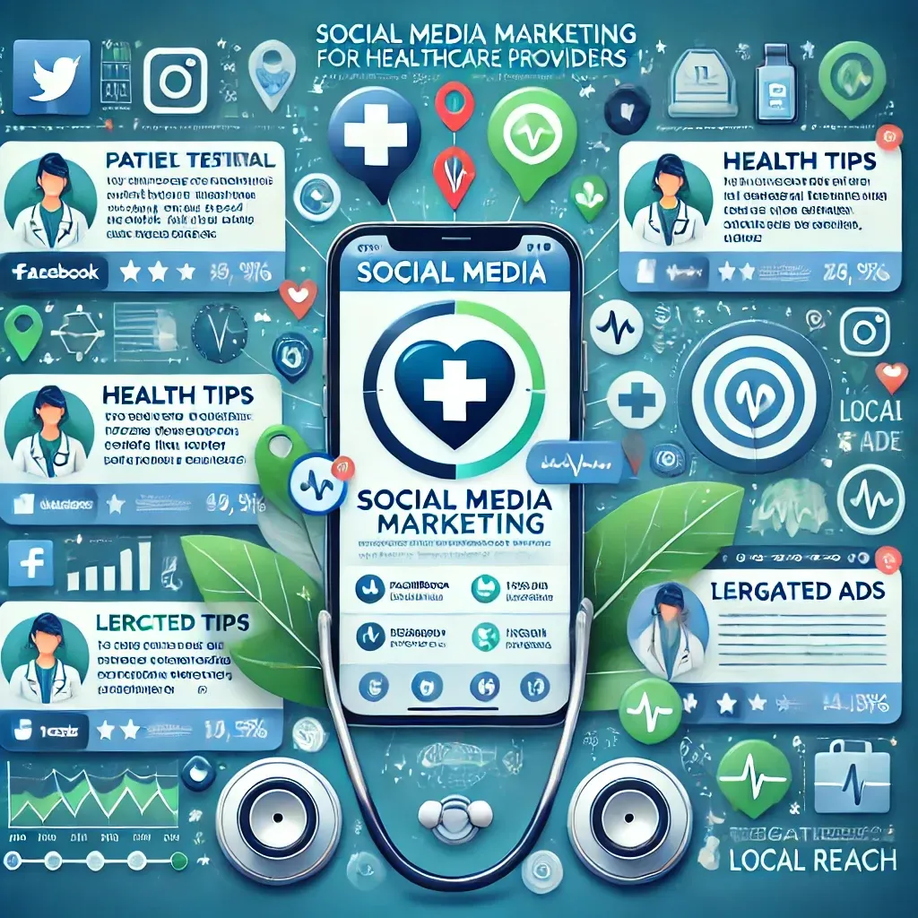 A stethoscope is sitting on top of a cell phone with a social media marketing app on it.